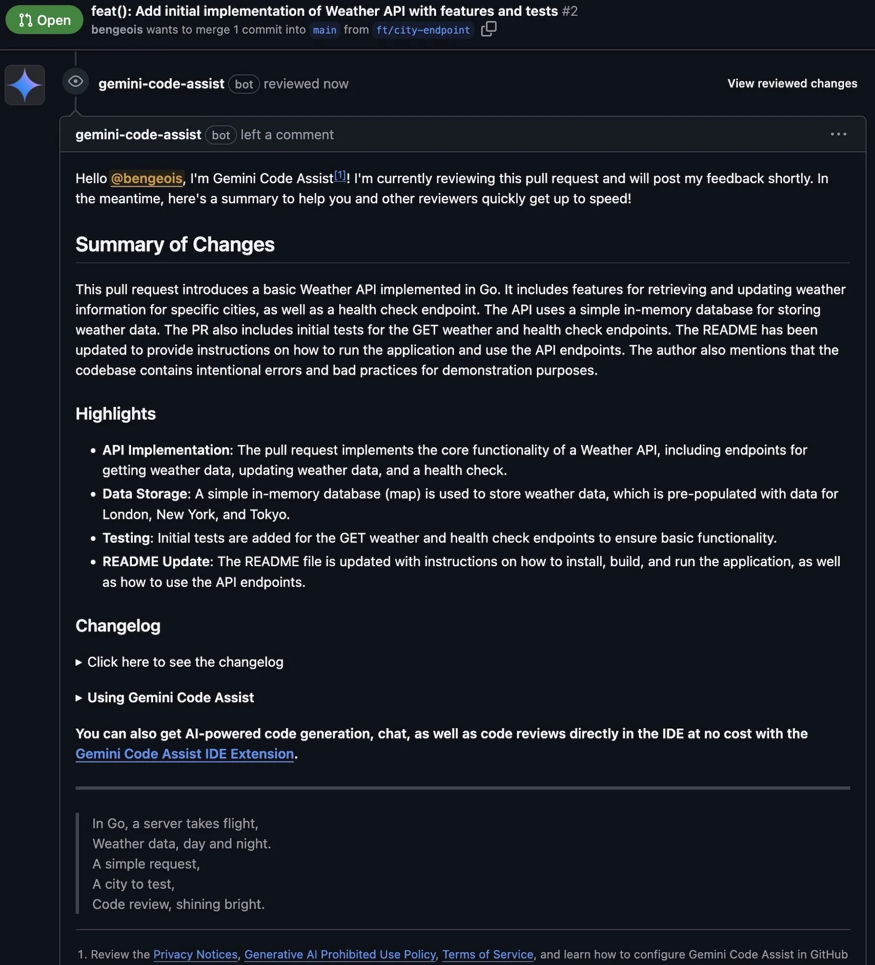 A screenshot of Pull Request Summary from Gemini Code Assist A screenshot of Pull Request Summary from Gemini Code Assist